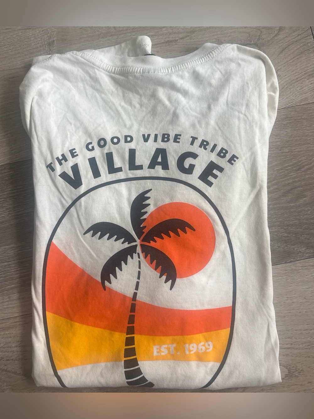 Village 'The Good Vibe Tribe' Palm Tree Graphic Tee - White with Orange & Yellow